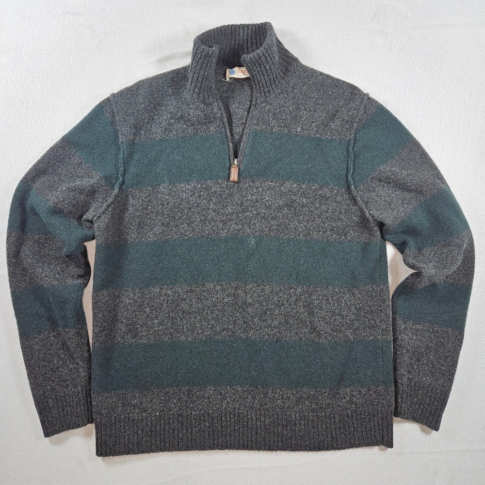 J Crew Mens Striped‎ Quarter Zip Pullover Sweater 100 Percent Lambs Wool